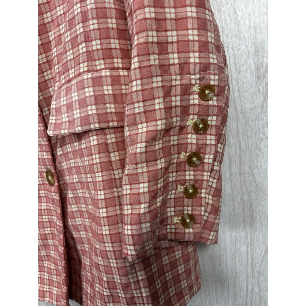 Free People Gingham‎ Blazer Womens M Pink Plaid Relaxed Cottagecore Boho Jacket